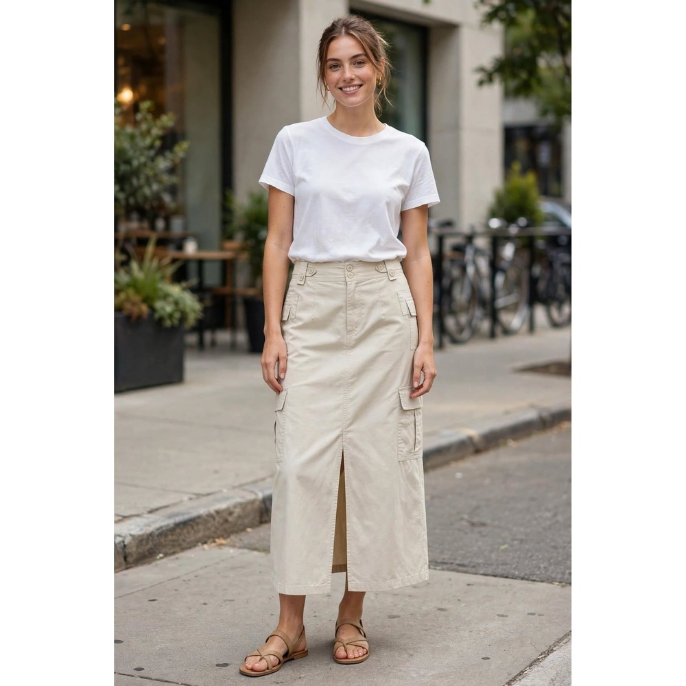 Old Navy Womens 8 Maxi Skirt Off White Utility Cargo Y2K Cotton 90s Aesthetic